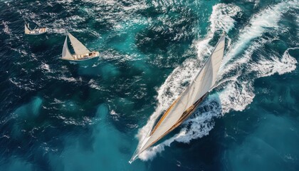 Fototapeta premium Aerial view of yacht regatta with white sails on turquoise ocean water, sailing boats racing