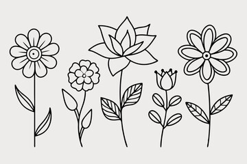 Simple line drawings of various flowers for coloring and art