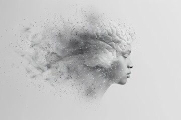 Artistic rendering of a face disintegrating into particles symbolizing data loss and technological fragility