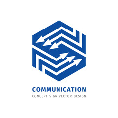 Communication concept business logo template vector illustration. Hexagon shape with arrows signs creative icon. Exchange marketing symbol. Graphic design element. 