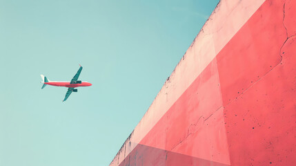 A vibrant airplane flies against a pastel sky, creating a striking contrast with the colorful wall below, symbolizing travel and adventure.