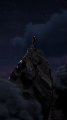 climb to the top. The hero is alone on top of a cliff above the clouds, the concept of achieving the goal