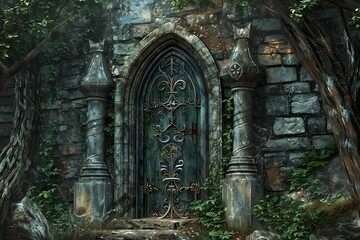 Discover the ancient and mysterious enchanted forest secret doorway with stone walls covered in ivy and lush greenery. A fantasy and magical entrance hidden in nature