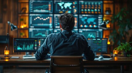 Obraz premium A man in a modern office works at a desk with multiple monitors displaying financial data and global charts.