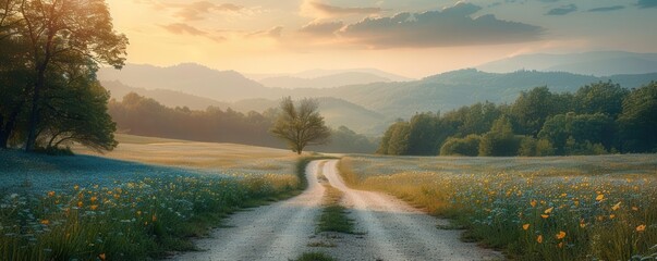 Scenic dirt road through a lush green meadow with mountains in the background at sunset.