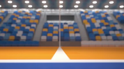 Volleyball ball on empty volleyball court of arena. 3d animation