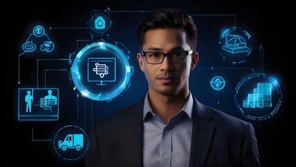 logistics technology, logistics icons on a dark background with a casual businessman, delivery solutions, innovation, modern, futuristic, transport, shipping, supply chain, freight, virtual, digital
