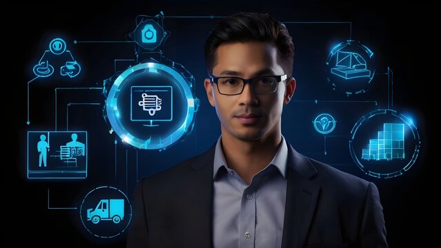 logistics technology, logistics icons on a dark background with a casual businessman, delivery solutions, innovation, modern, futuristic, transport, shipping, supply chain, freight, virtual, digital