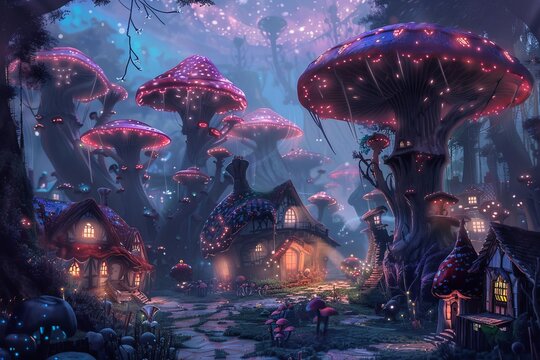 Digital illustration of a whimsical village with glowing mushrooms and fairytale cottages at night