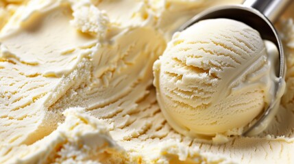 Closeup of vanilla ice cream scooped out of container by a large steel ice cream spoon, happy summer sweet ice cream texture background.