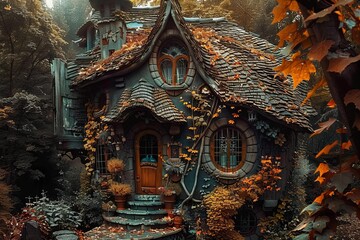 Fototapeta premium Magical storybook cottage surrounded by fall foliage in an atmospheric forest