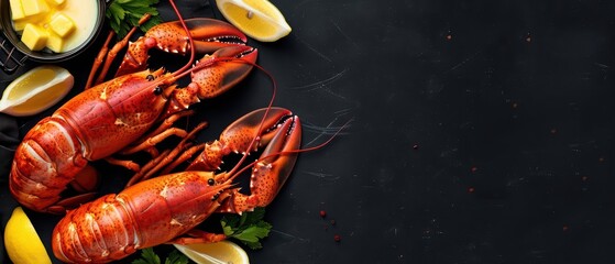 Lobster explosion featuring succulent lobster tail paired with melted butter and lemon wedges, a luxurious seafood feast, oceans bounty, banner, with copy space