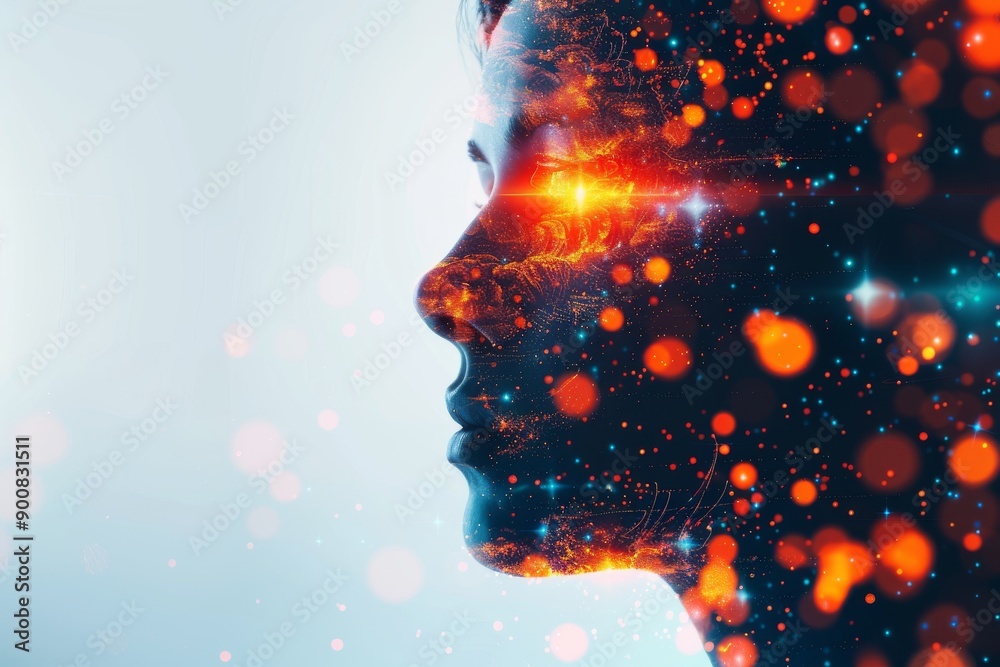 Poster Profile of a woman with neural connections and glowing particles representing advanced technology and intelligence