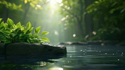 Fototapeta premium Spa compact interior by a forest stream presented in a supernatural scene with sunlight filtering through
