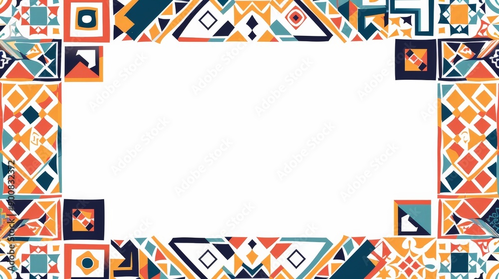 Poster A vibrant frame featuring a colorful geometric pattern all around with a white central area. Ideal for adding a bright and artistic touch to any content.