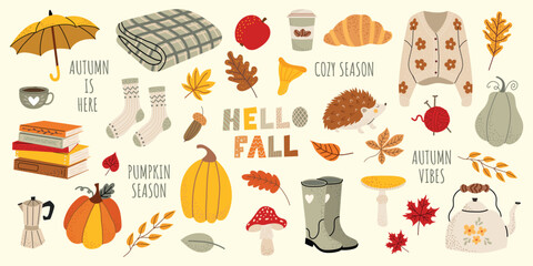 Autumn vector elements set. Cozy fall stickers. Leaves, pumpkins, fall clothes, umbrella, hedgehog, tea. The inscription hello fall. Isolated background. Illustration in the hand drawn style.
