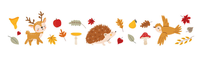 Cute fall set with forest animals and leaves. Hedgehog, deer and bird. Autumn simple illustration on white isolated background. Hand-drawn style. © Hanna Bykova