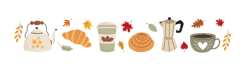Fall vector illustration of a cozy tea set with a kettle, pastries, a cup of tea, and autumn leaves. Perfect for kitchen decor, greeting cards, and seasonal designs. White isolated background. 