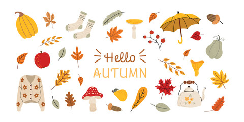 Set autumn vector elements. Leaves, pumpkins, fall clothes, umbrella, mushrooms, tea. Cozy minimalistic fall collection. Isolated background. Illustration in hand drawn style.