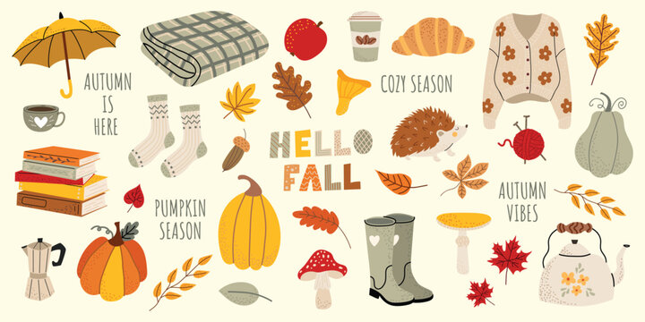 Autumn vector elements set. Cozy fall stickers. Leaves, pumpkins, fall clothes, umbrella, hedgehog, tea. The inscription hello fall. Isolated background. Illustration in the hand drawn style.