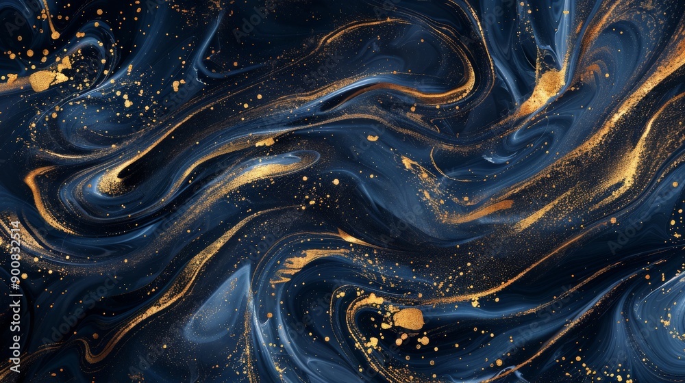 Poster the abstract painting captures fluid and dynamic designs in blue and gold, resembling marble with an