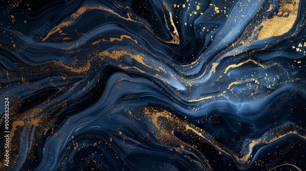 Aufkleber abstract fluid art piece with dark blue and gold swirling patterns, creating a dynamic and luxurious