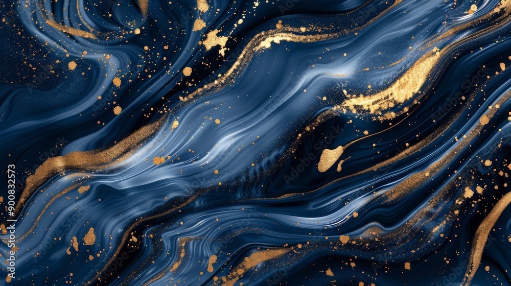 Aufkleber this abstract art piece showcases swirling blue and gold patterns, imitating marble texture with dyn