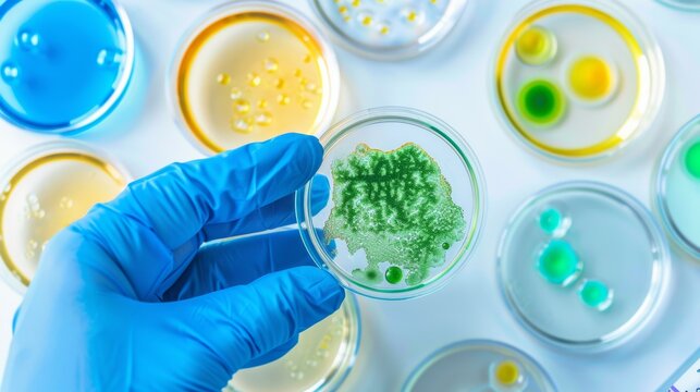 Conducting experiments on microbial growth patterns in colorful petri dishes in a controlled lab for research