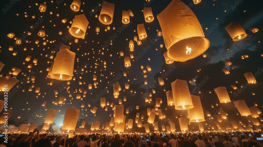 Poster a lavish night sky filled with numerous glowing lanterns floating upwards, creating a mesmerizing, s