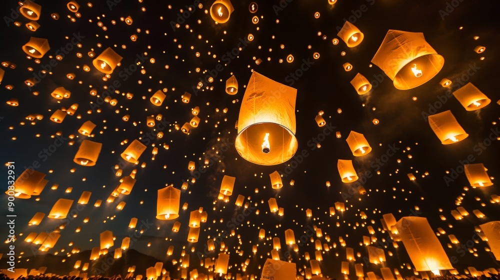 Poster a magical scene with thousands of glowing lanterns floating in the night sky, creating an enchanting