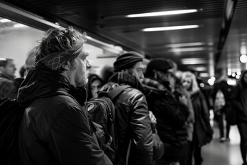 Black-and-white image featuring passengers in winter attire and backpacks, lined up in a busy airport terminal, depicts the organized chaos of travel and modern urban movement.