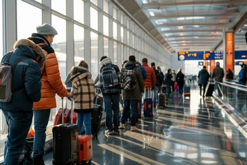 Vibrant image showing passengers wearing colorful winter clothing and carrying luggage, standing in a queue at an airport terminal, ready for their journeys and encapsulating the travel hustle.