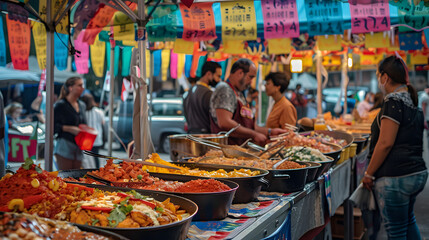 Vibrant community food fair with diverse cultural cuisine and lively market atmosphere showcasing local dishes and culinary traditions