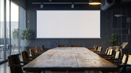 Empty long table in a conference room. On one side a roll up screen projector in white. Modern space for corporate presentations, meeting and business events, minimalist industrial decoration.