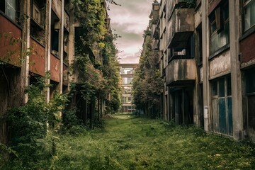 Abandoned Overgrown Urban Alleyway with Dilapidated Buildings