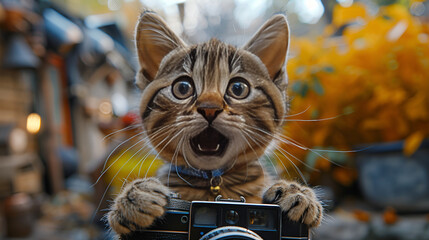  A cat playfully holds up a camera, showcasing its curiosity and charm in a delightful moment of feline photography.