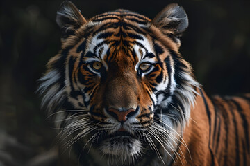 Obraz premium vibrant portrait of a fierce tiger, striking close-up, showcasing majestic fur patterns, engaging emotional intensity, ideal for wildlife conservation themes, adaptable for educational materials