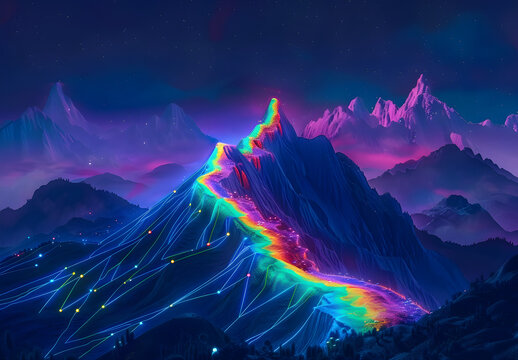 vibrant neon mountains, rainbow hues illuminating peaks, dark blue backdrop, surreal landscape, captivating night scene, emotional allure, adventurous mood, versatile for travel, art