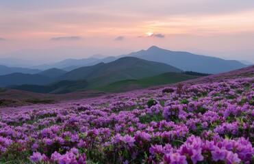 Purple Flowers Bloom on Mountainside at Sunset