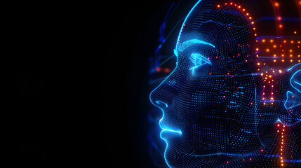 Obraz premium Futuristic neon face, profile silhouette, digital art, AI representation, high-tech aesthetics, cyberpunk vibes, copy space, ideal for tech marketing, education, innovation
