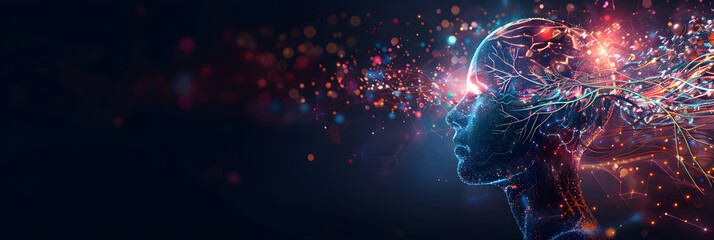 Obraz premium AI-generated human silhouette with vibrant neural connections, representing creativity, technology, innovation, cognitive process, emotional depth, tech-driven industries, suitable for marketing