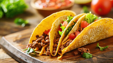Delicious beef tacos with fresh toppings.  Mexican cuisine, Taco Tuesday, Cinco de Mayo.