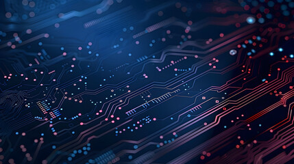 Abstract technology circuit board, digital connections, futuristic patterns, vibrant blue and red color scheme, ideal for tech marketing, science presentations, innovation themes