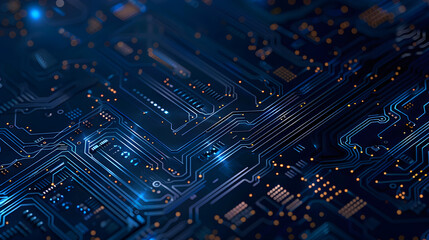 Intricate digital circuit board design, representing technology, innovation, and connectivity, ideal for tech branding, education, digital marketing. High-tech atmosphere with deep blue tones