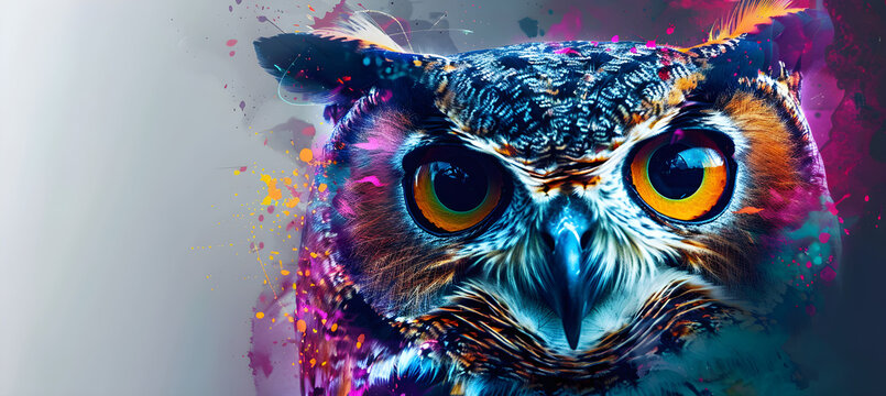vivid abstract animal portrait, enchanting owl with colorful paint splashes, ideal for art lovers, decor, education, marketing materials, versatile creative uses, captivating emotional appeal