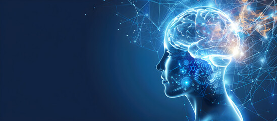 Futuristic brain illustration, technology digital art, neuroscience concept, healthcare representation, emotional intelligence, motivational imagery, copy space available for text overlay.