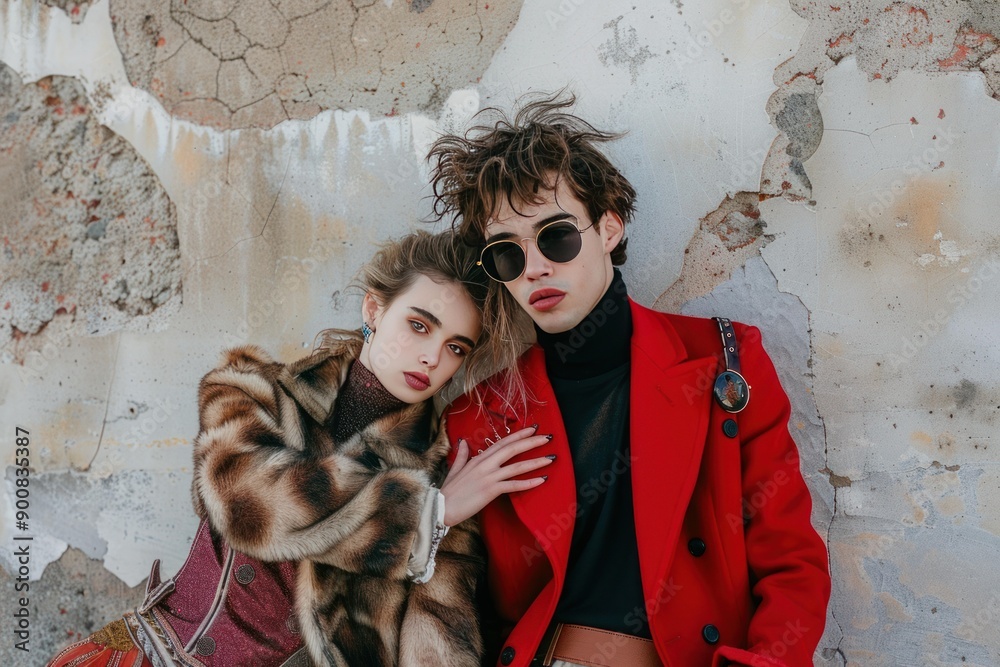 Canvas Prints Stylish young man and woman in trendy outfits leaning against a wall with peeling paint