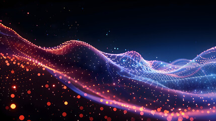 Fototapeta premium futuristic flowing waves of light, data visualization, abstract light trails, colorful dots, digital art, tech background, copy space available, perfect for marketing and innovation industries.
