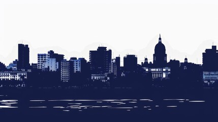 Naklejka premium Silhouette of Havana city skyline with iconic landmarks and buildings reflected in calm water at dusk