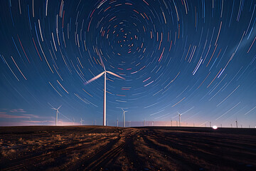 dynamic wind farm landscape, modern turbines illuminated by moonlight, star trails showcasing movement, sustainable energy theme, eco-friendly innovation, ideal for environmental campaigns